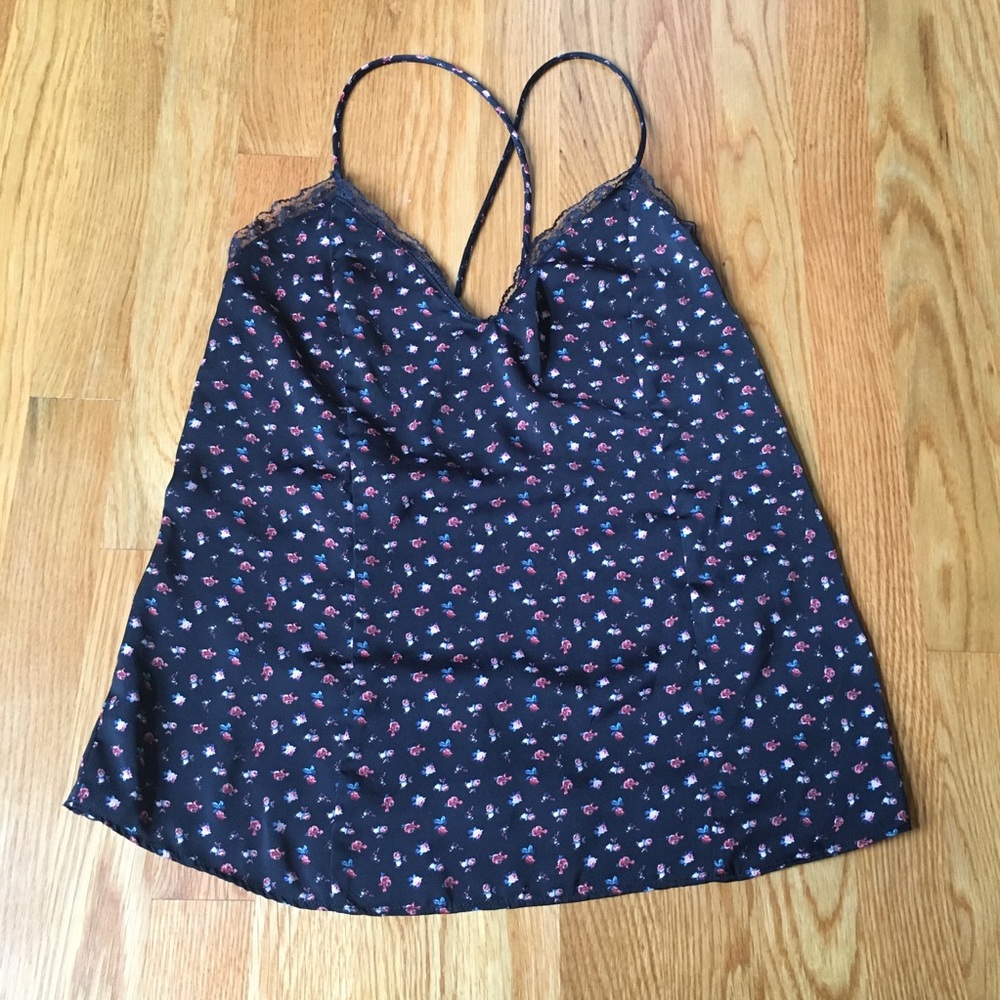 Zara Black Floral Cross Back Lace Detail Cami